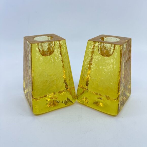 fire and light cast glass candle holders set of 2 citrus yellow signed - Picture 8 of 8